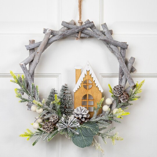 Northlight; Northlight Driftwood and Flocked Pine Small Artificial Christmas Home Wreath - 12" - Unlit; Category:Decorated Wreaths; Image:1